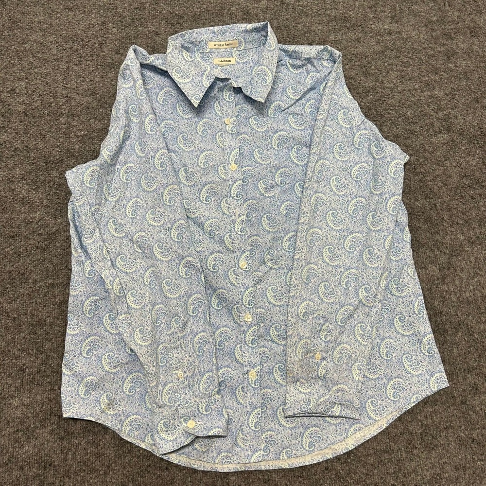 L.L.Bean Shirt Womens Size L Blue Paisley Wrinkle Resist Cotton Button Down